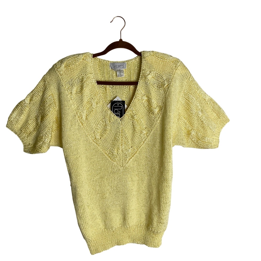 NWT Vtg 80s Nannell Yellow Hand Knit Short Sleeve V-Neck Sweater M Cottagecore